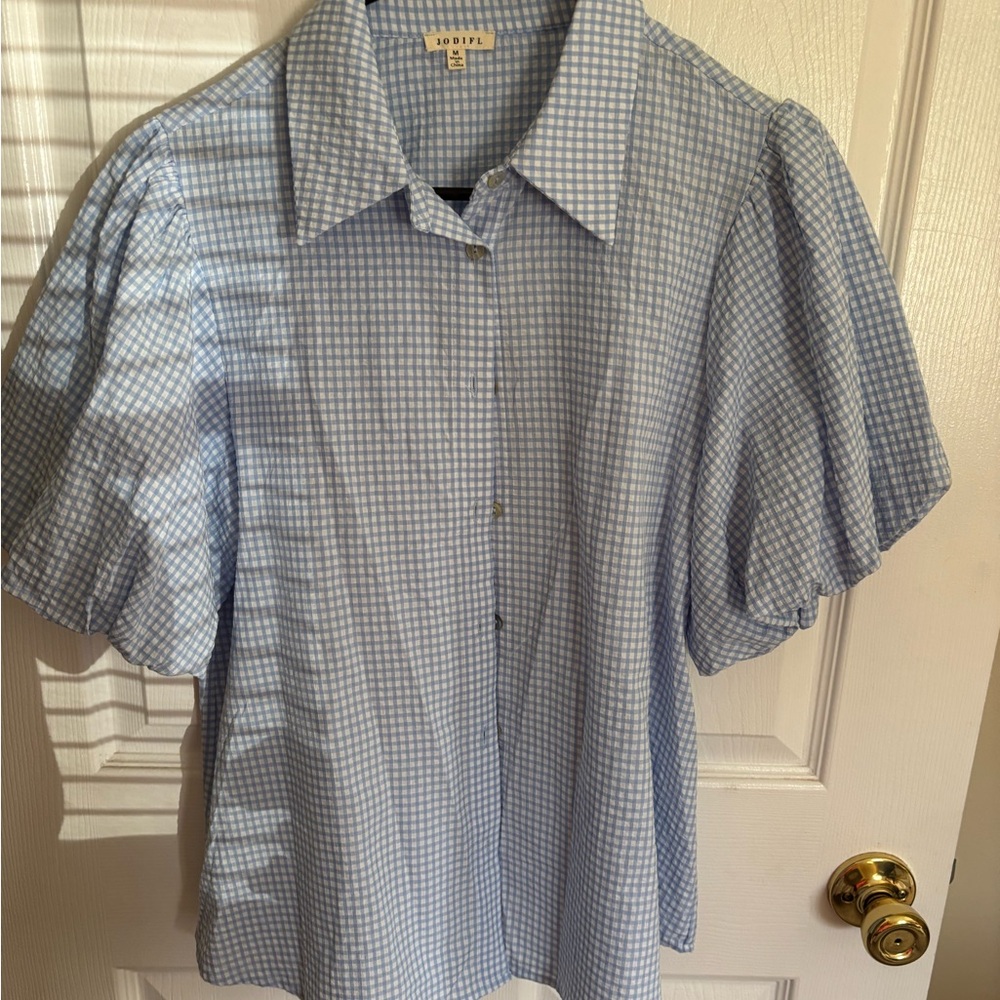 Blue Checked Puff Sleeve blouse